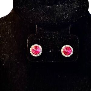 Fashion Silver Fuschia and rhinestones circle round shape stud earrings-